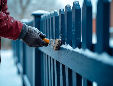 Hand painting a decorative metal fence with blue paint during restoration workの素材