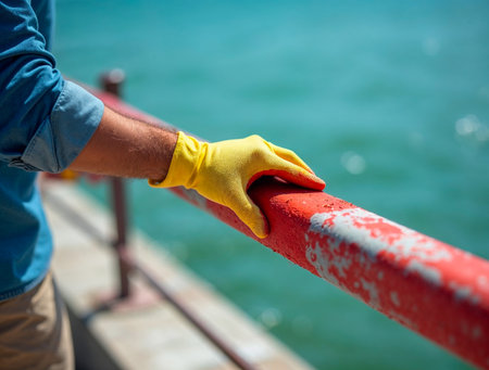 Worker sanding red metal railing by the sea on a cloudy dayの素材