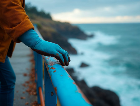 Painting rusty metal railing with blue paint by the seaの素材