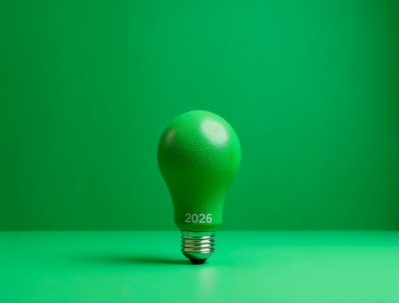 Green light bulb labeled 2026 symbolizing eco ideas, sustainability and future innovationの素材