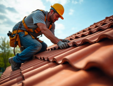 Worker placing ceramic roof tiles carefully while secured with safety harnessの素材
