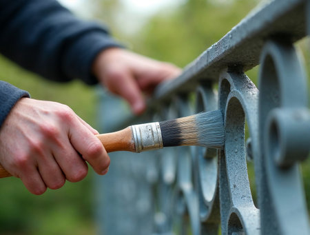 Hand painting a decorative metal fence with gray paint during restoration workの素材