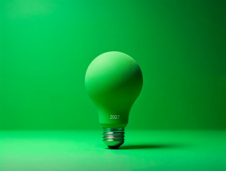 Green light bulb labeled 2026 symbolizing eco ideas, sustainability and future innovationの素材