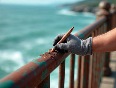 Painting rusty metal railing with blue paint by the seaの素材
