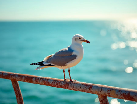 Rusty metal railing by the sea with weathered textureの素材