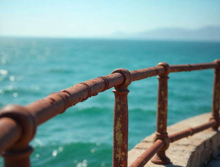 Rusty metal railing by the sea with weathered textureの素材