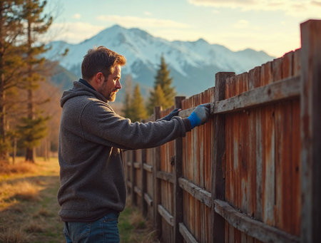 Man repairing wooden fence with mountain landscape in backgroundの素材
