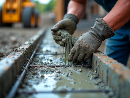 Workers pouring wet concrete into steel reinforcement framework on construction siteの素材