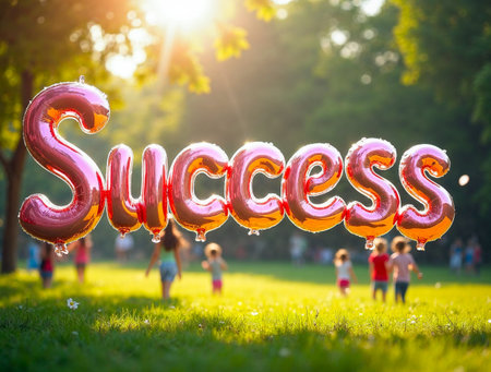 Colorful success balloon letters floating in a bright outdoor celebration sceneの素材
