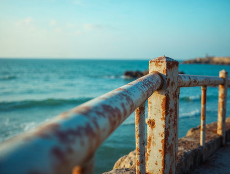 Rusty metal railing by the sea with weathered textureの素材