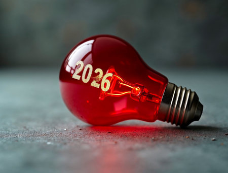 Red creative light bulb with 2026 for innovation and bright ideas conceptの素材