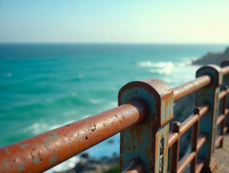 Rusty metal railing by the sea with weathered textureの素材