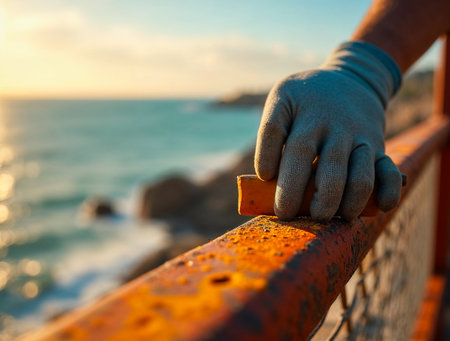 Painting rusty metal railing with blue paint by the seaの素材