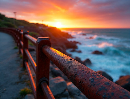 Rusty metal railing by the sea with weathered textureの素材