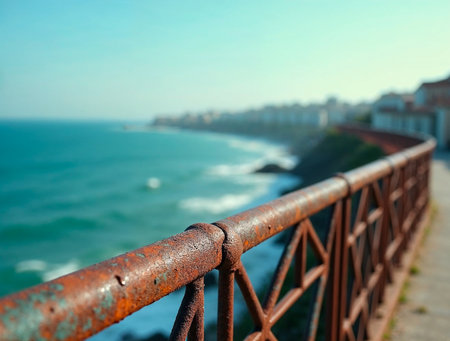 Rusty metal railing by the sea with weathered textureの素材