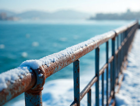 Rusty metal railing by the sea with weathered textureの素材