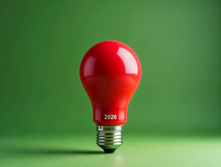 Red creative light bulb with 2026 for innovation and bright ideas conceptの素材