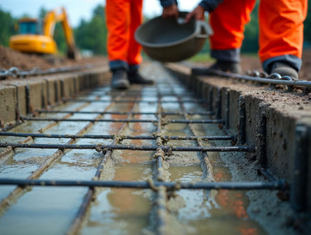 Workers pouring wet concrete into steel reinforcement framework on construction siteの素材