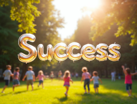 Colorful success balloon letters floating in a bright outdoor celebration sceneの素材