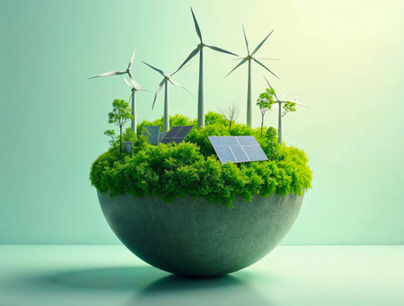 green island with wind turbines and solar panels for clean energy conceptの素材