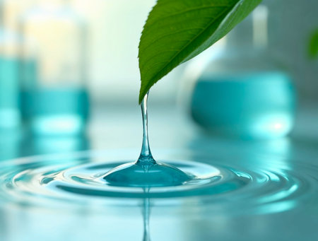 Water droplet from leaf creating ripple in clean and refreshing surfaceの素材
