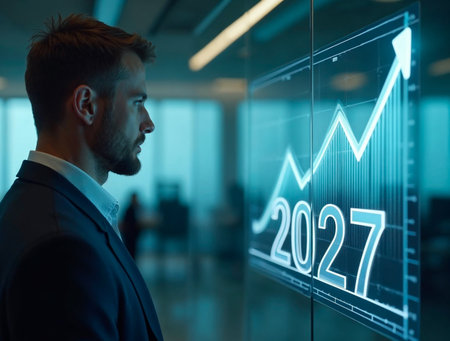 Professional reviewing rising financial graph with 2027 projection on digital screenの素材