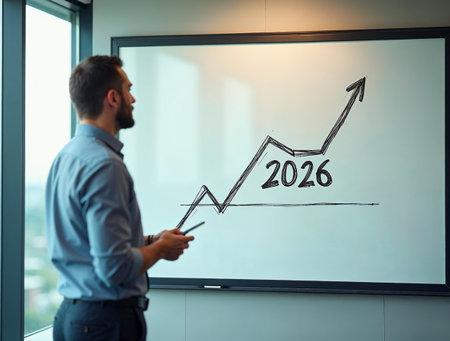 Businessman analyzing 2026 financial growth chart on digital screenの素材