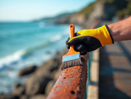 Painting rusty metal railing with blue paint by the seaの素材