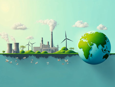 Sustainable world concept with green Earth and eco-friendly city landscapeの素材