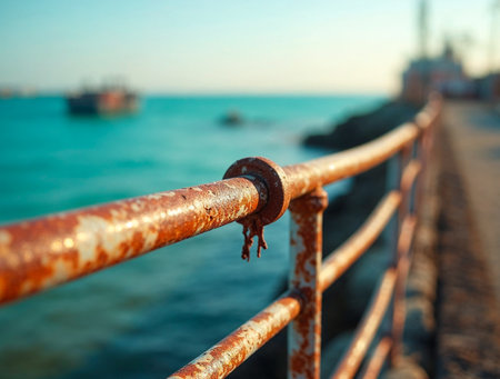 Rusty metal railing by the sea with weathered textureの素材