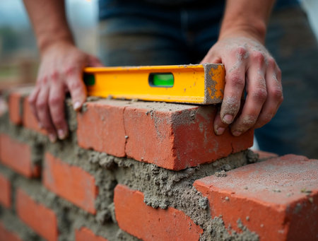 Worker placing red bricks and aligning fresh mortar on wallの素材