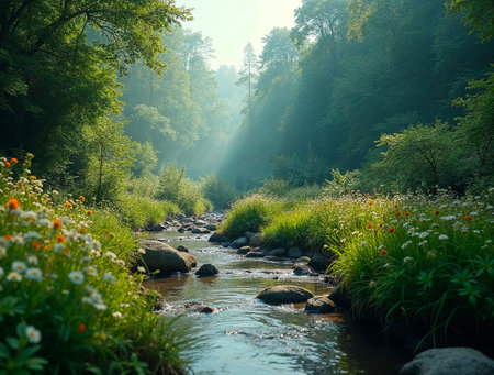 Green Earth sphere surrounded by lush forest and flowers along a peaceful riverの素材