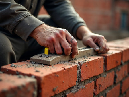 Worker placing red bricks and aligning fresh mortar on wallの素材