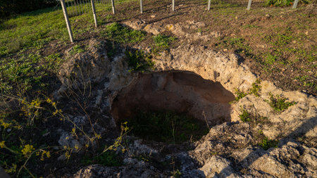 Ancient rock-cut Domus de Janas tomb entrance illuminated by warm sunset light