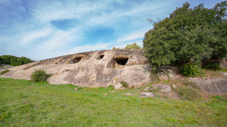 Prehistoric Domus de Janas of Genna Salixi Carved into Rocky Terrainの写真素材