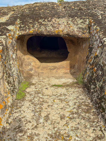 Prehistoric Domus de Janas of Genna Salixi Carved into Rocky Terrainの写真素材