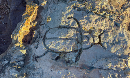 scarab-shaped engraving carved into weathered coastal rock in the Sinis Peninsulaの写真素材