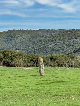 Ancient Menhir Standing Stone in Rural Sardinia Asuni Landscapeの写真素材