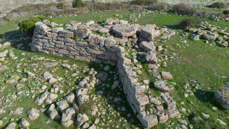 Aerial view of the megalithic Tomb of the Giants Sa Domu de s'Orcu in Siddiの写真素材