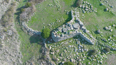 Aerial view of the megalithic Tomb of the Giants Sa Domu de s'Orcu in Siddiの写真素材