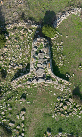 Aerial view of the megalithic Tomb of the Giants Sa Domu de s'Orcu in Siddiの写真素材