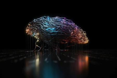 Artificial intelligence brain made in colored optical fiber on black background, represents technology, innovation, human development and data processing.の素材