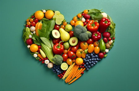 Selection of fruits and vegetables in the shape of a heart representing healthy eating on a green background.の素材