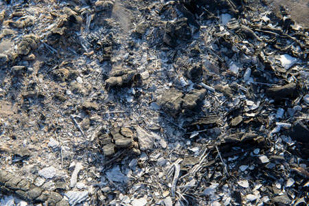 Extinct embers of a fire lit by the evening sun