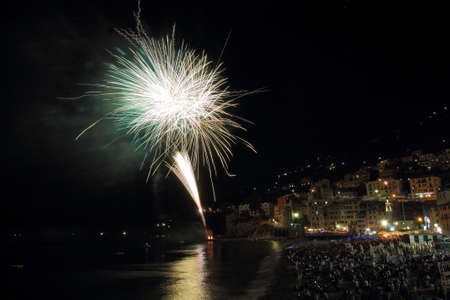 Artificial fireworks at Sori in the evening of August 15, 2017.Sori is in Liguria (Italy).の写真素材