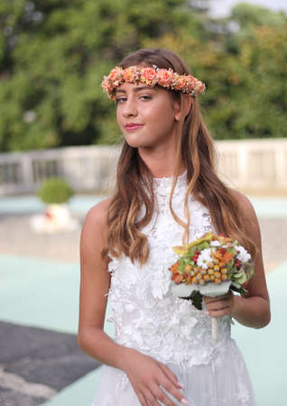 Models in wedding dress during a show. Arenzano, Italy, 16 September 2018. The event took place inside the park of Villa Negrotto Cambiaso.のeditorial素材