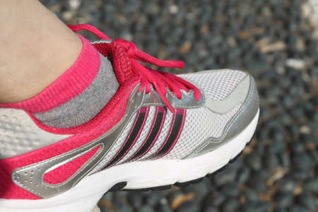 Athletic shoe of an athlete ready to leave for a middle distance track race.のeditorial素材