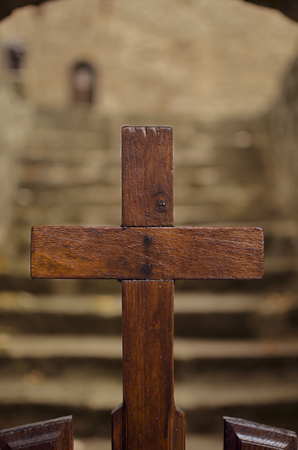 Wooden cross, detail of entrance gate of a monasteryの写真素材