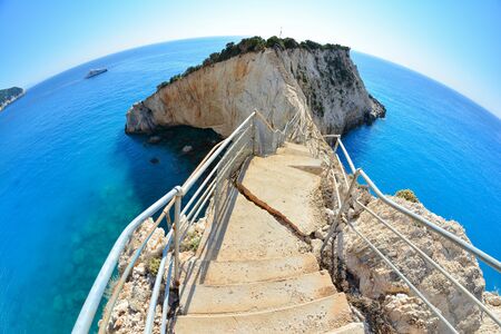 Stairs to peninsula, broken in strong earthquake, famous Porto Katsiki beach, Lefkada, Greeceの写真素材