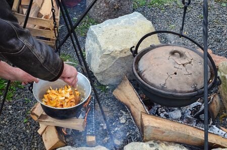 Preparing mushrooms and venison goulash on an open fire in a kettle, blending chopped onion Chanterelle by wooden ladleのeditorial素材